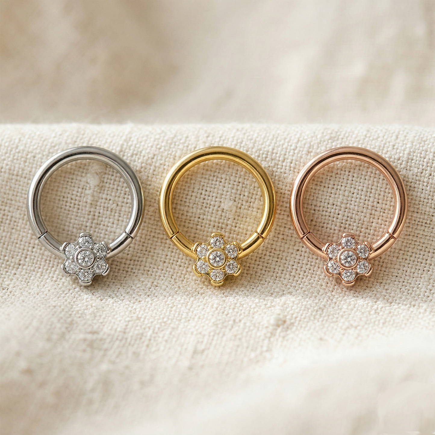 Titanium CZ Flower Hinged Clicker Hoop 16G 18G