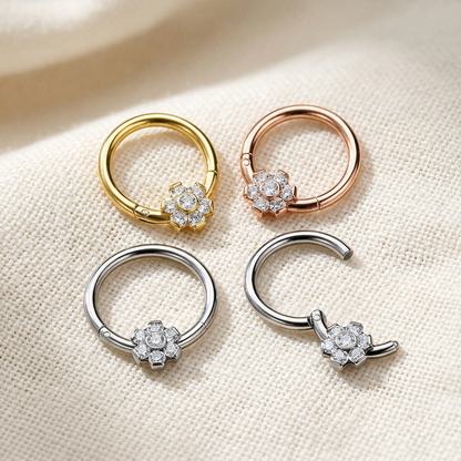 Titanium CZ Flower Hinged Clicker Hoop 16G 18G
