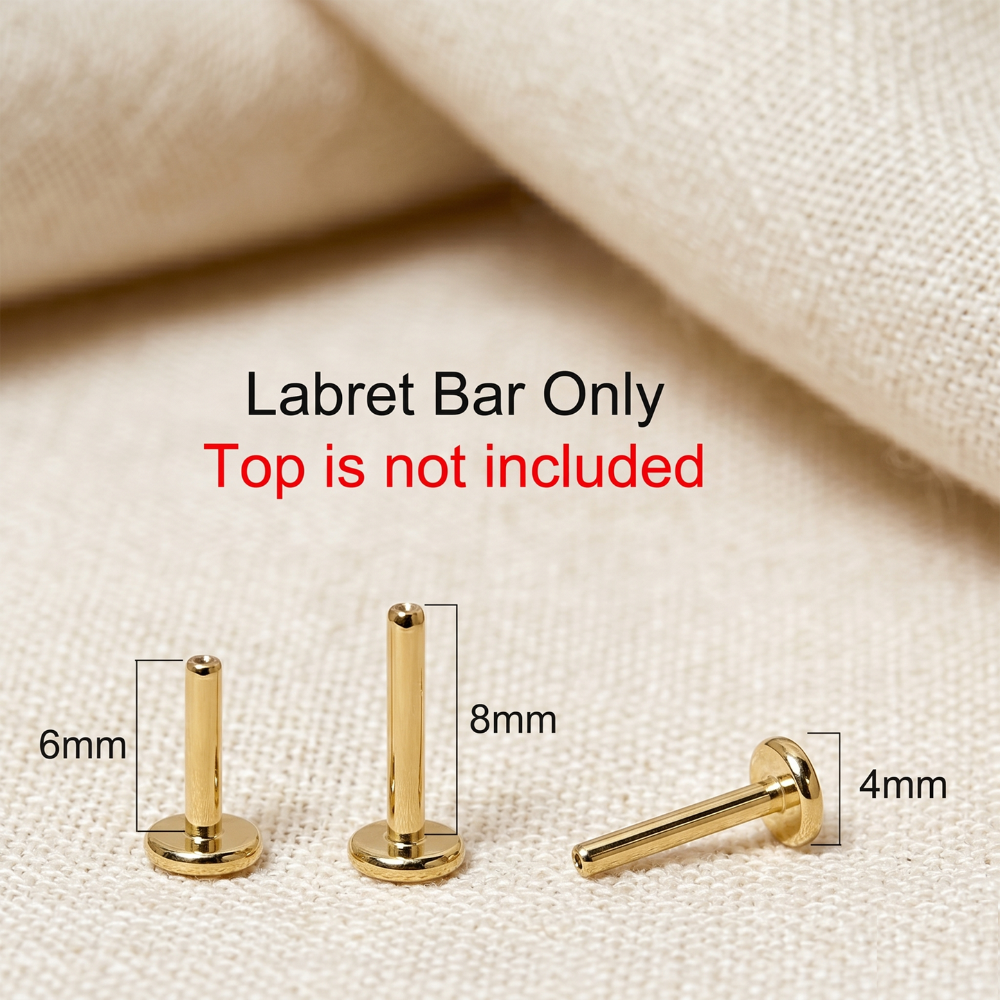 Gold titanium threadless push-in labret bar in multiple gauges for ear piercing