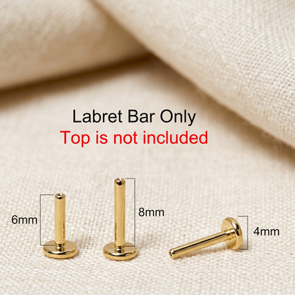 Gold titanium threadless push-in labret bar in multiple gauges for ear piercing