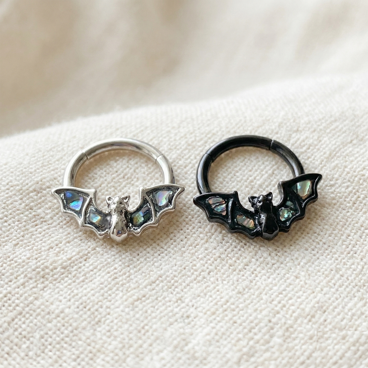 Surgical Steel Bat and Abalone Shell Hinged Clicker Ring 16G