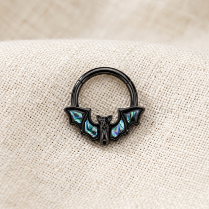 Surgical Steel Bat and Abalone Shell Hinged Clicker Ring 16G