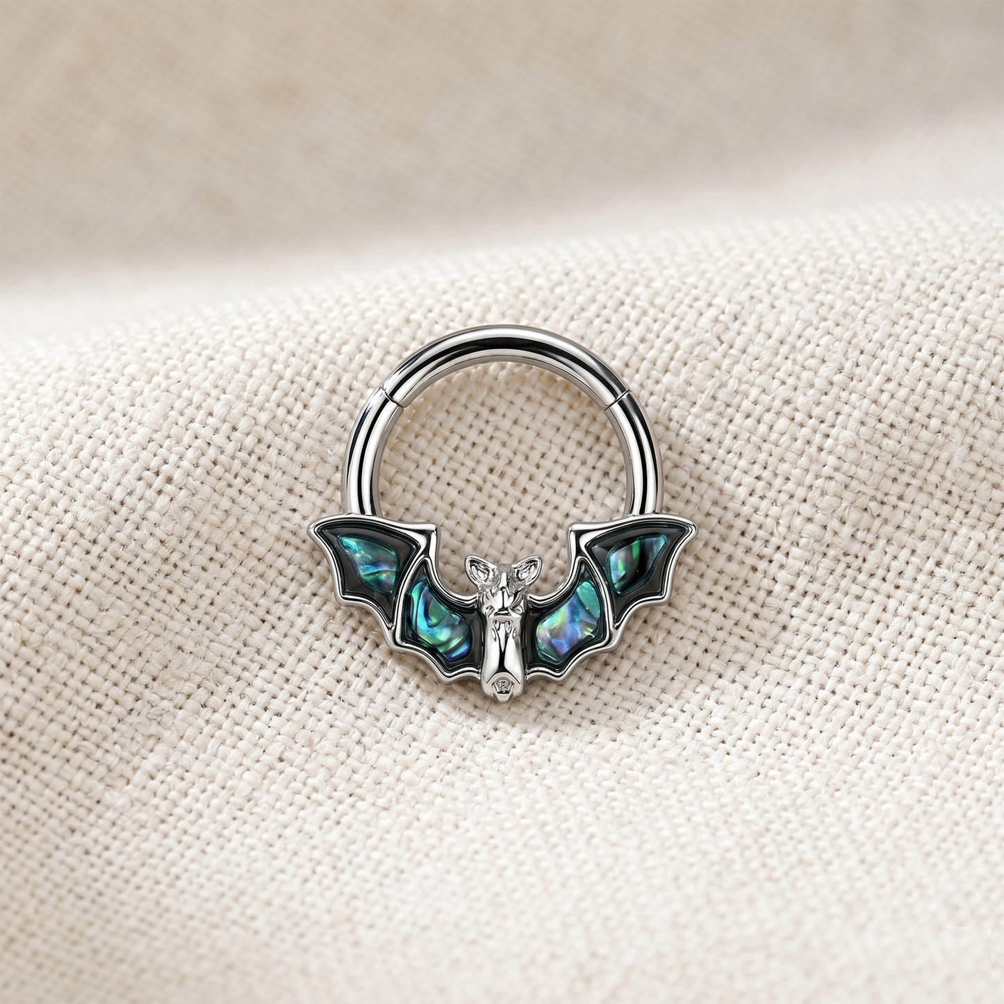 Surgical Steel Bat and Abalone Shell Hinged Clicker Ring 16G