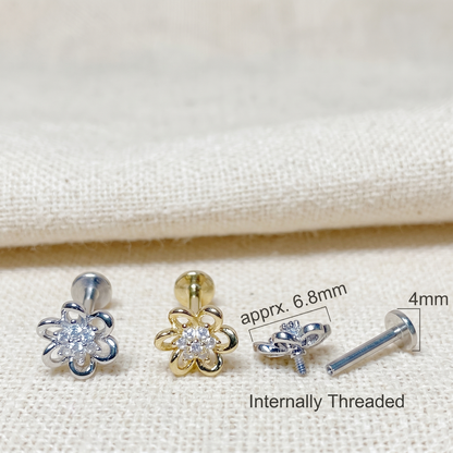 Surgical Steel Flower CZ Threaded Labret Stud 16G