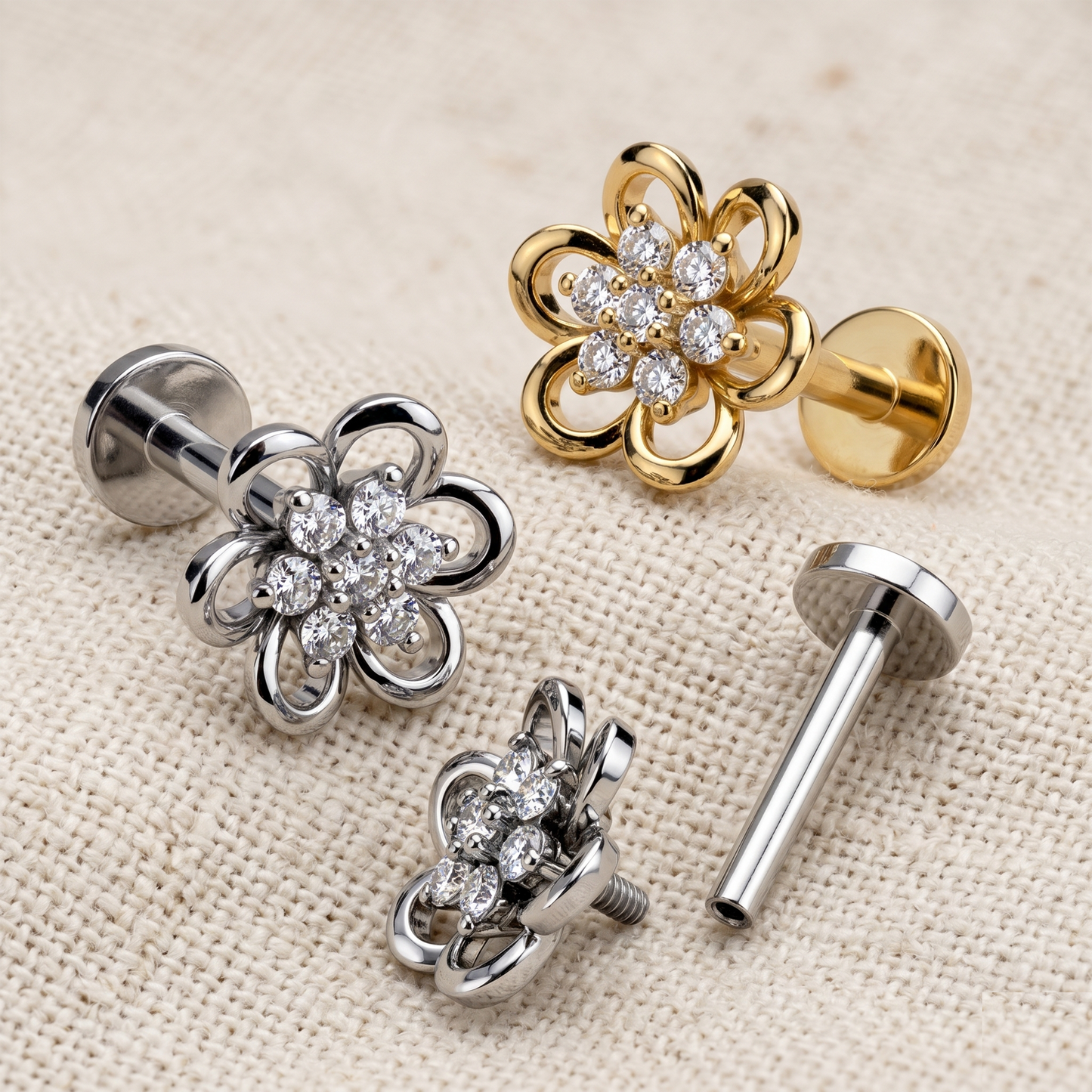 Surgical Steel Flower CZ Threaded Labret Stud 16G