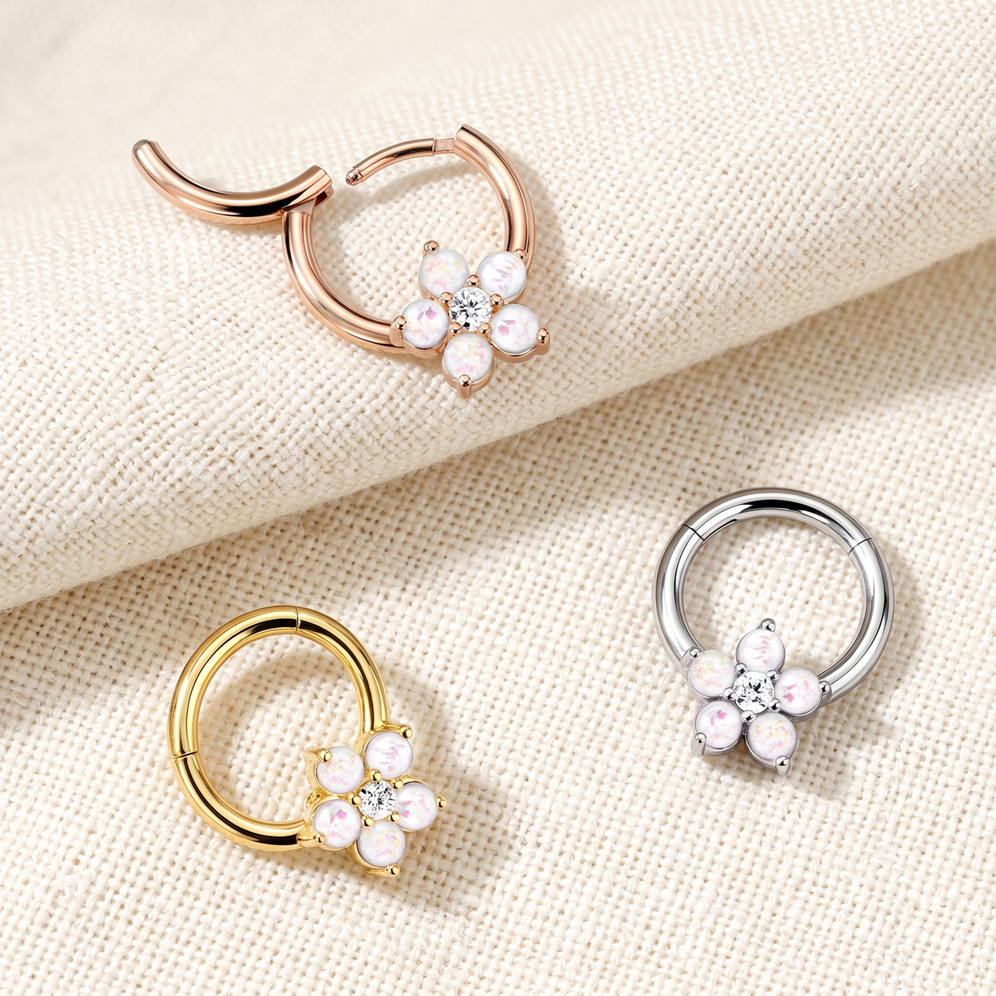 Opal CZ Flower Hinged Clicker Hoop 16G