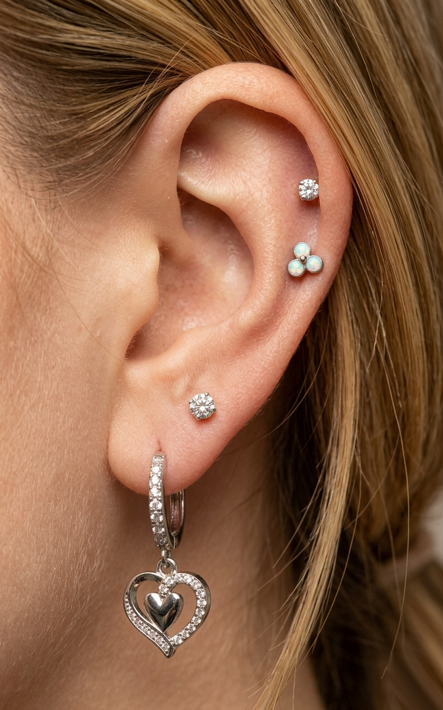 Surgical Steel Heart Dangle Hoop CZ Earrings 18G