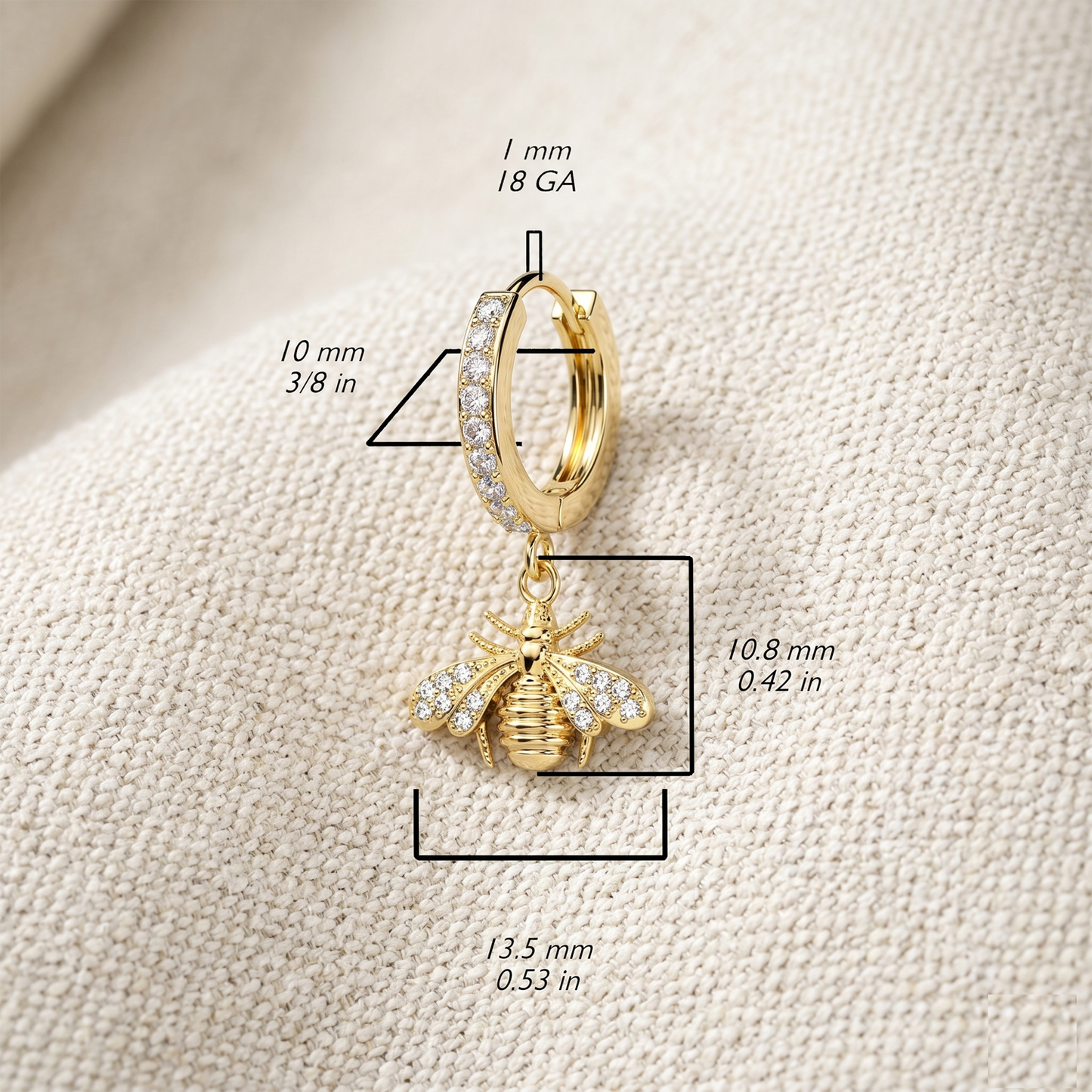 Surgical Steel Bee Dangle Hoop CZ Earrings 18G