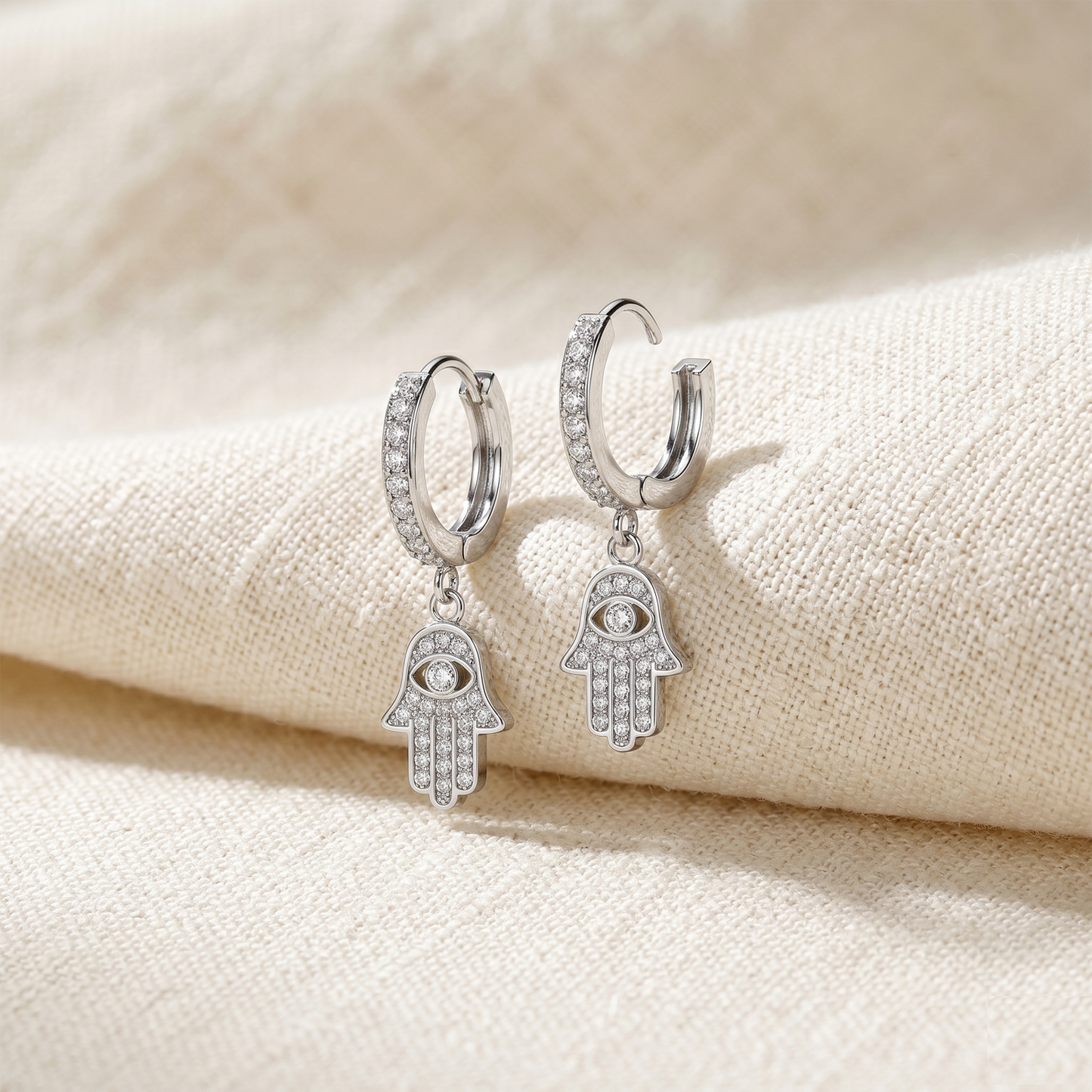 Surgical Steel Hamsa Dangle Hoop CZ Earrings 18G