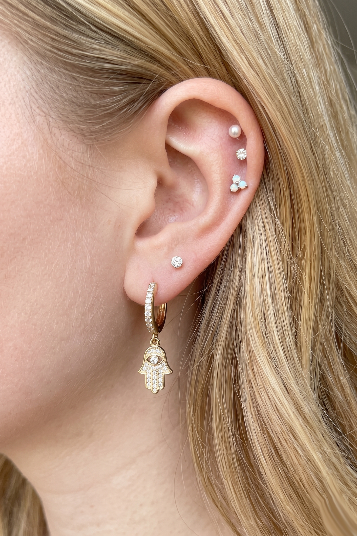 Surgical Steel Hamsa Dangle Hoop CZ Earrings 18G
