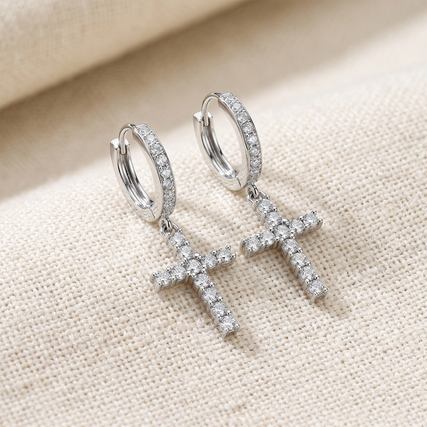 Surgical Steel Cross Dangle Hoop CZ Earrings 18G