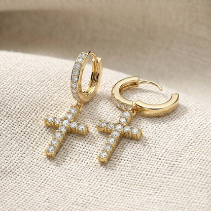 Surgical Steel Cross Dangle Hoop CZ Earrings 18G