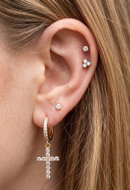 Surgical Steel Cross Dangle Hoop CZ Earrings 18G
