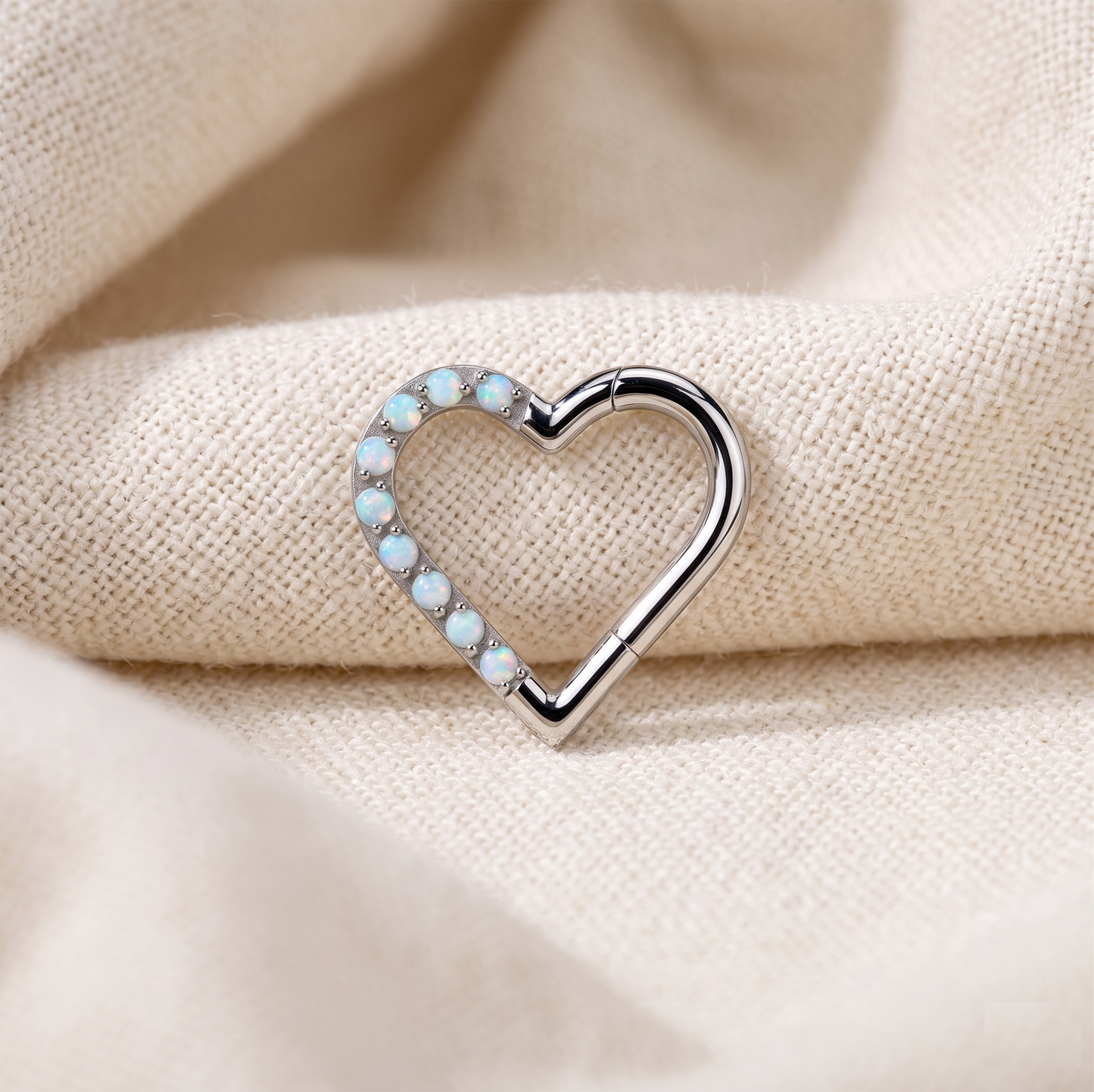 Titanium Heart White Opal Hinged Hoop Ring