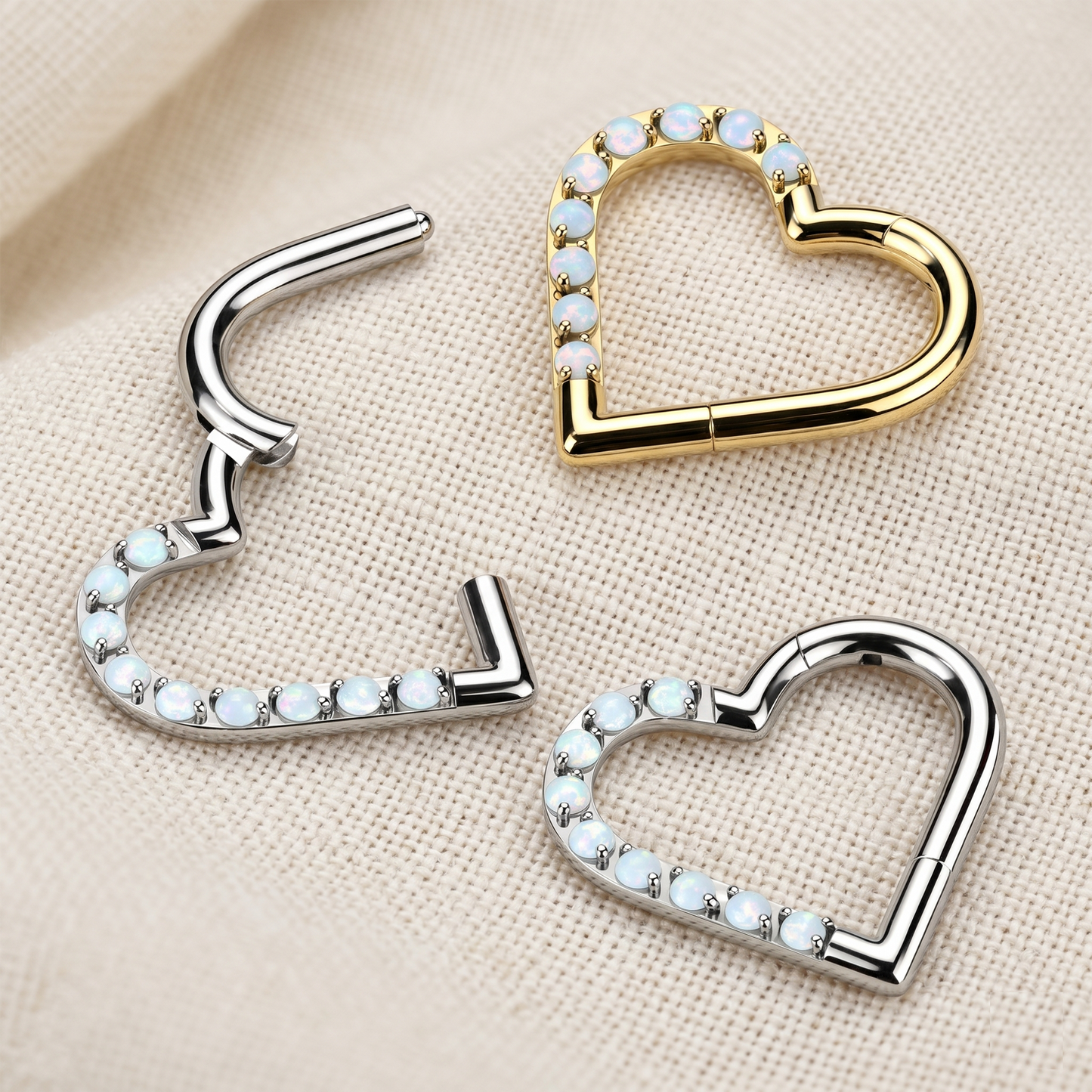 Titanium Heart White Opal Hinged Hoop Ring