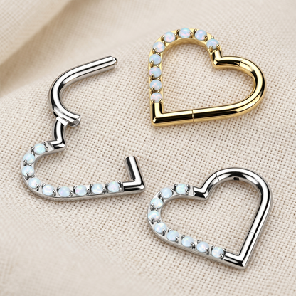 Titanium Heart White Opal Hinged Hoop Ring
