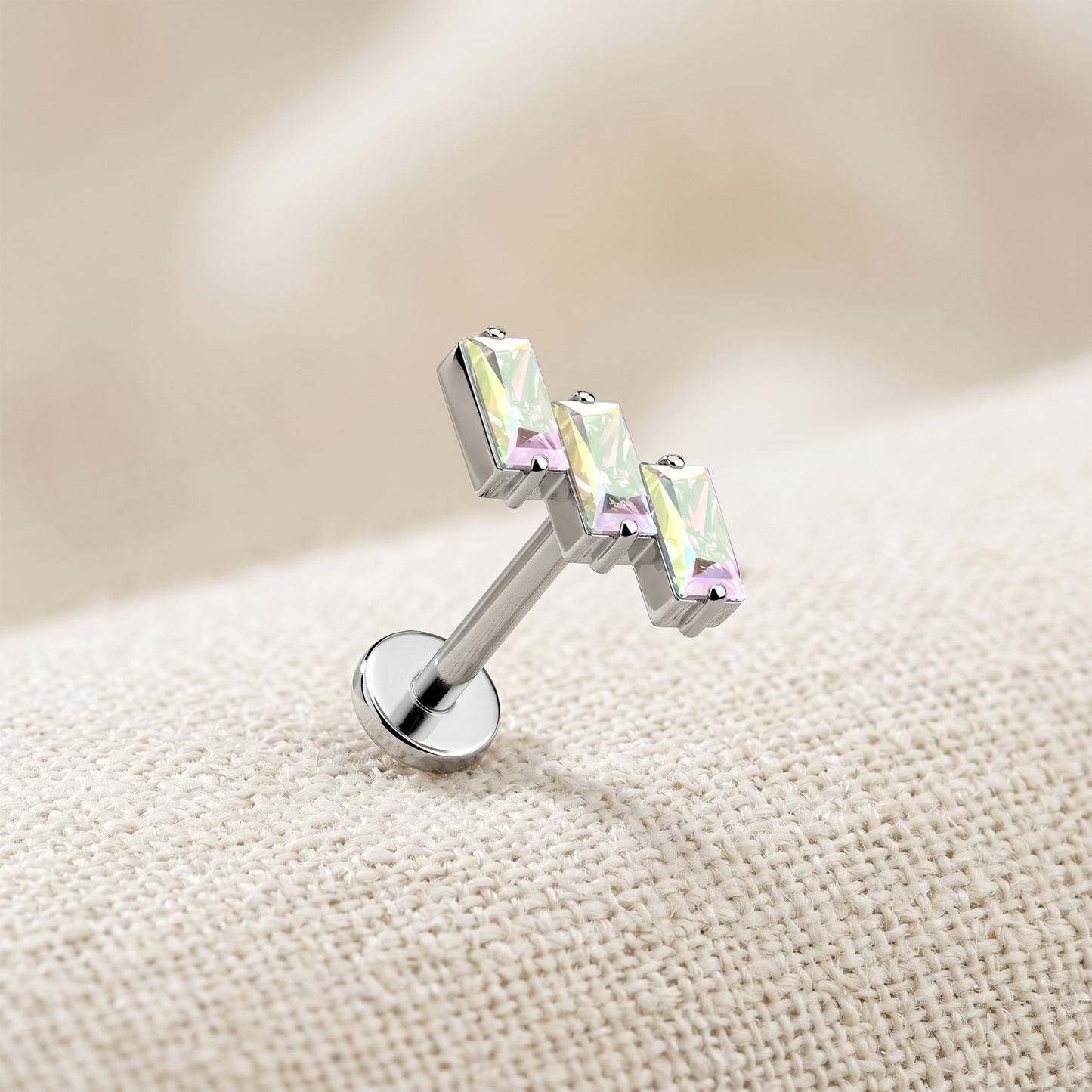 Titanium 3-CZ Baguette Threadless Stud