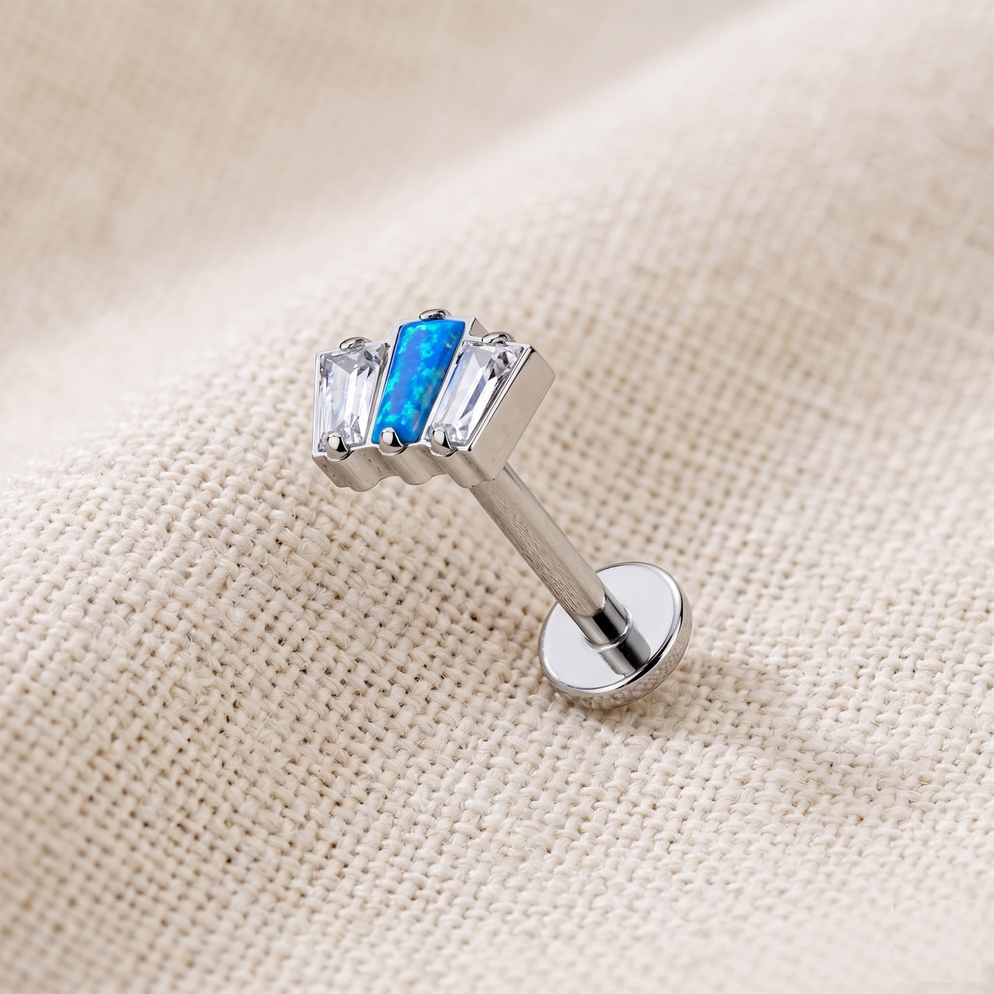 Titanium Triple CZ Opal Baguette Threadless Stud