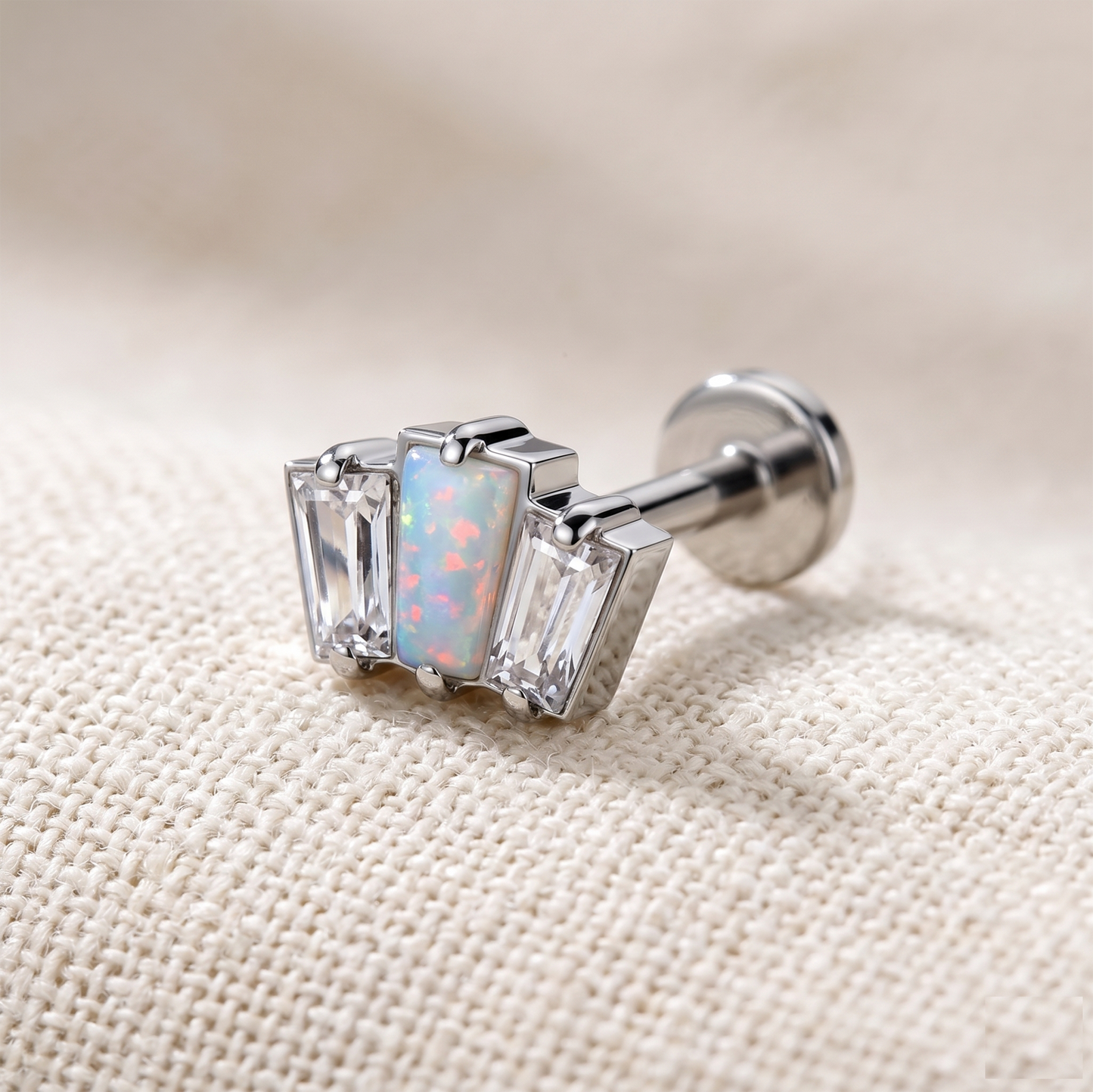 Titanium Triple CZ Opal Baguette Threadless Stud