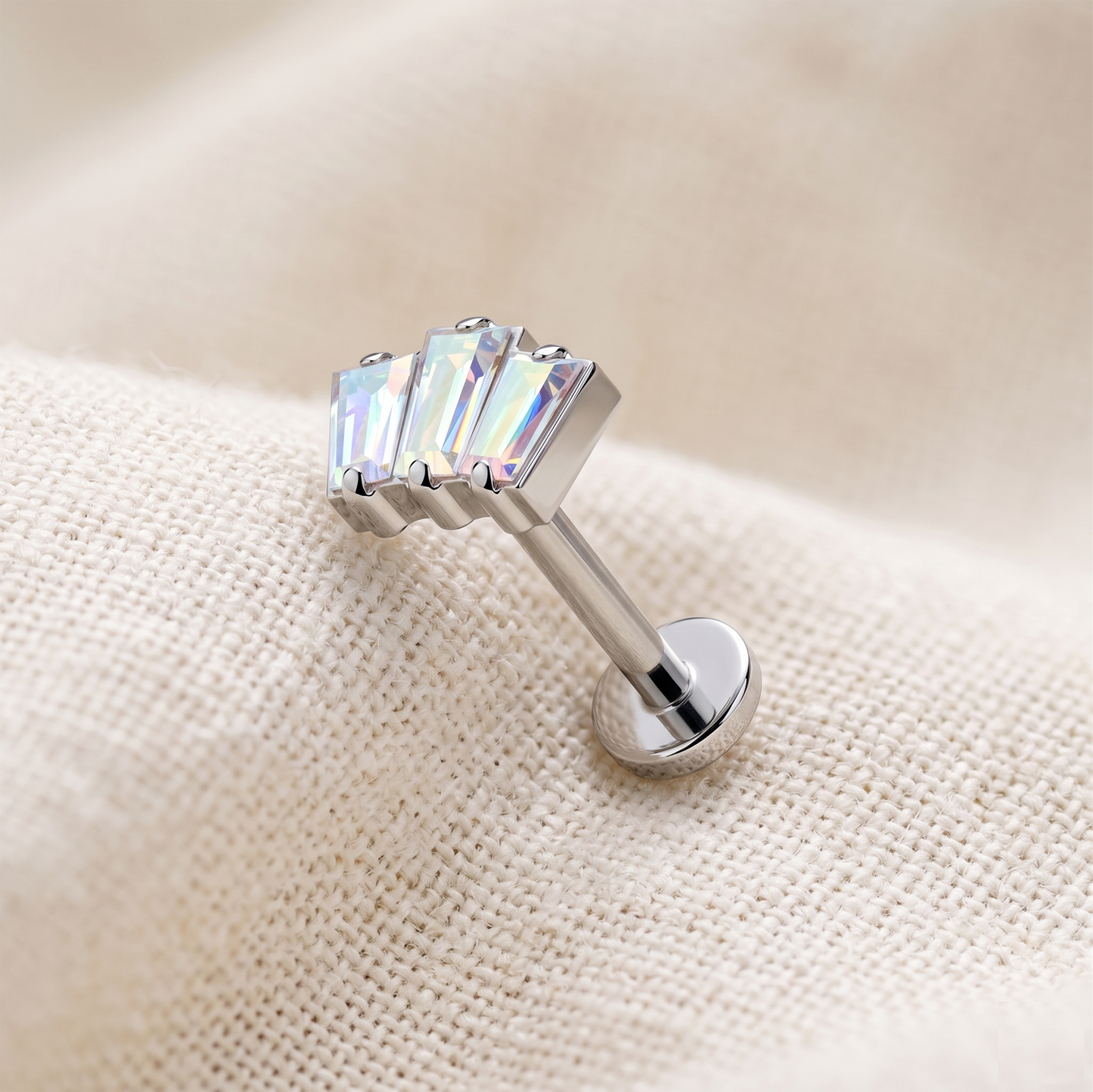 Titanium Triple CZ Opal Baguette Threadless Stud