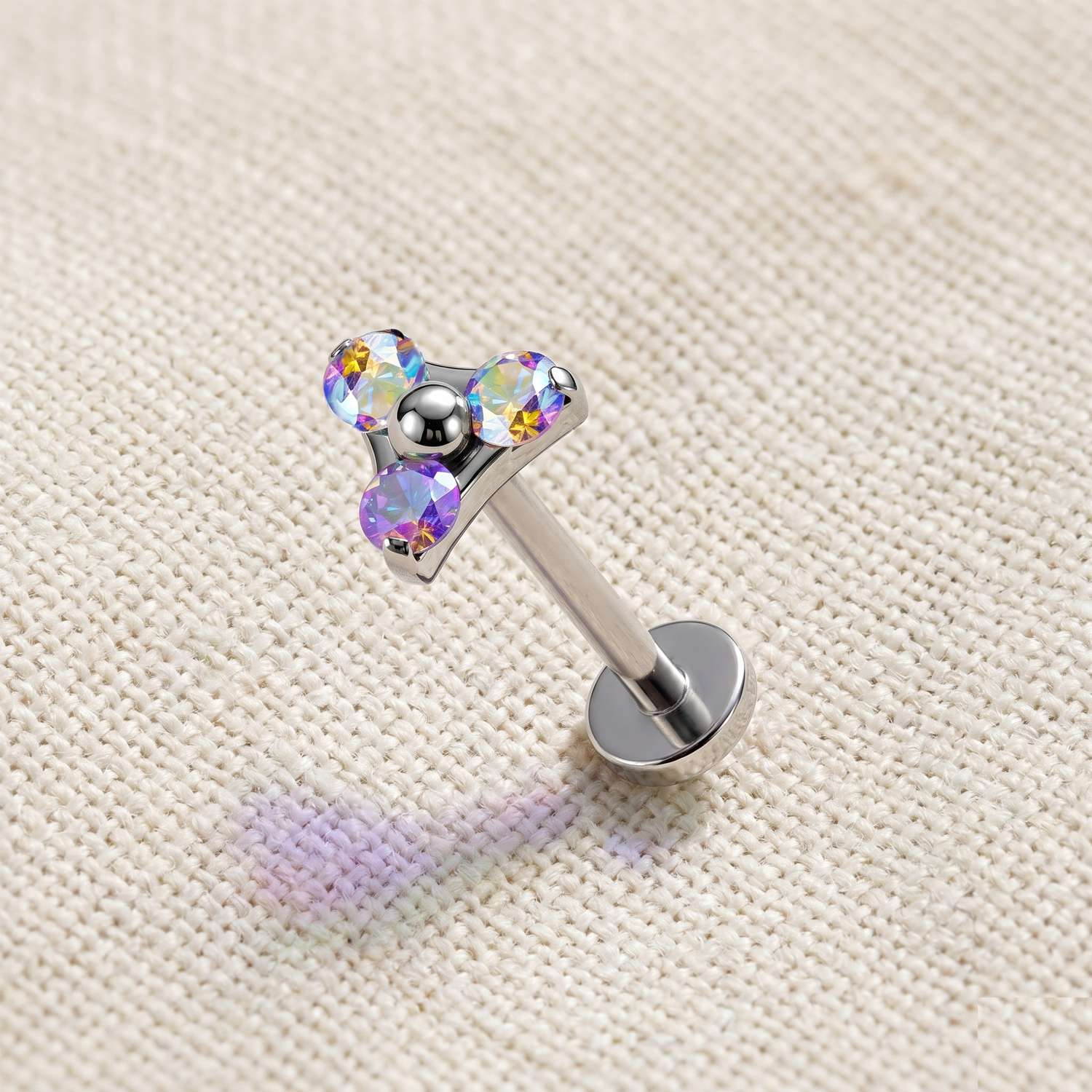 Titanium threadless labret with triangle ab CZ for cartilage ear piercing