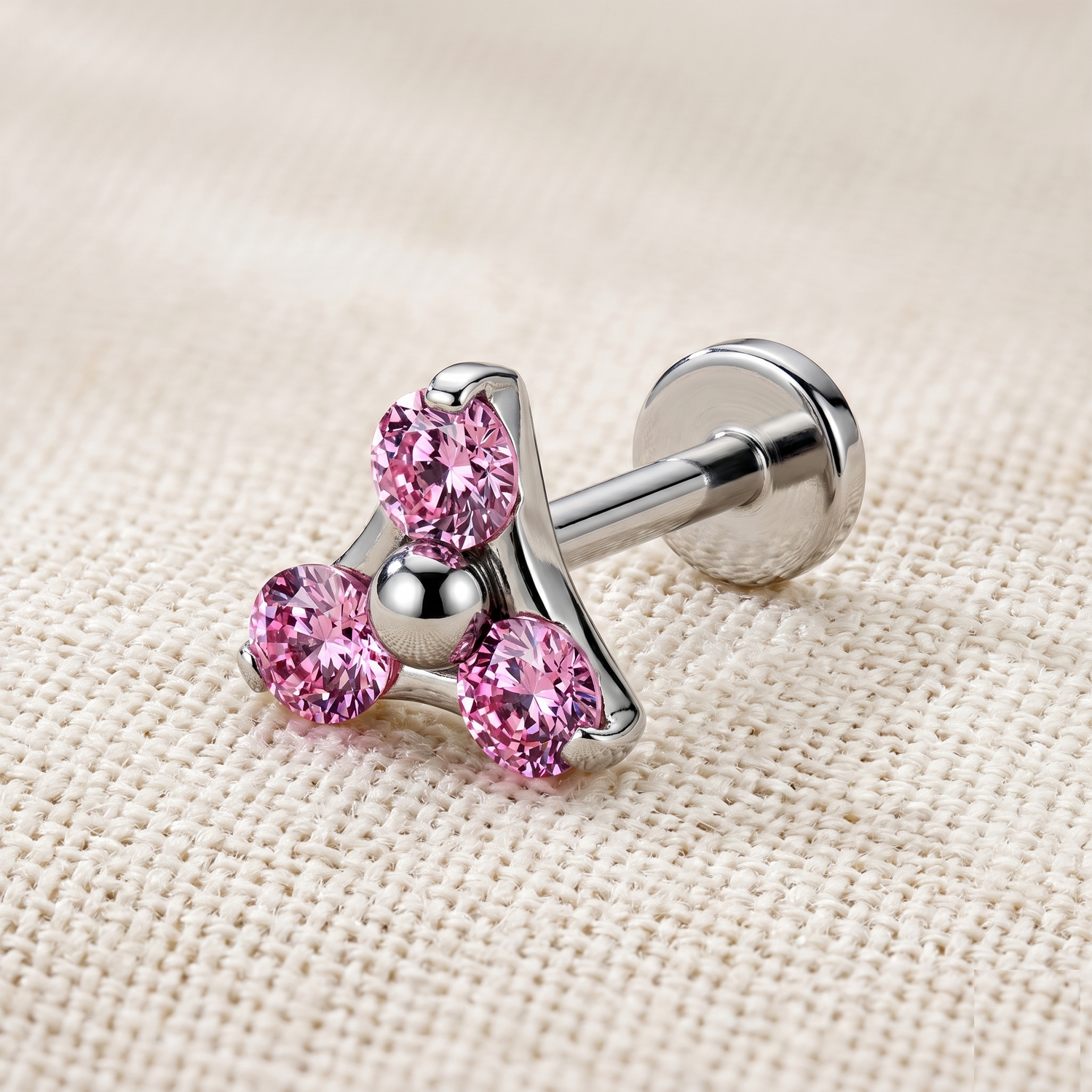 Titanium threadless labret with triangle pink CZ for cartilage ear piercing