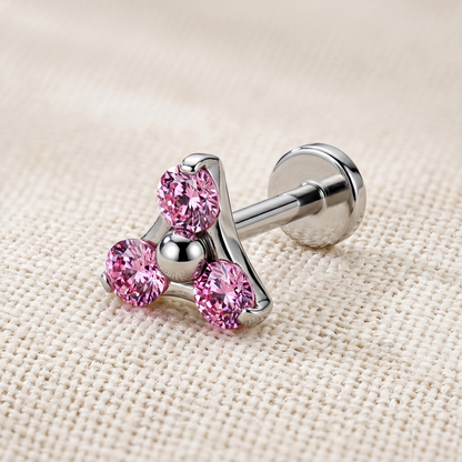 Titanium threadless labret with triangle pink CZ for cartilage ear piercing