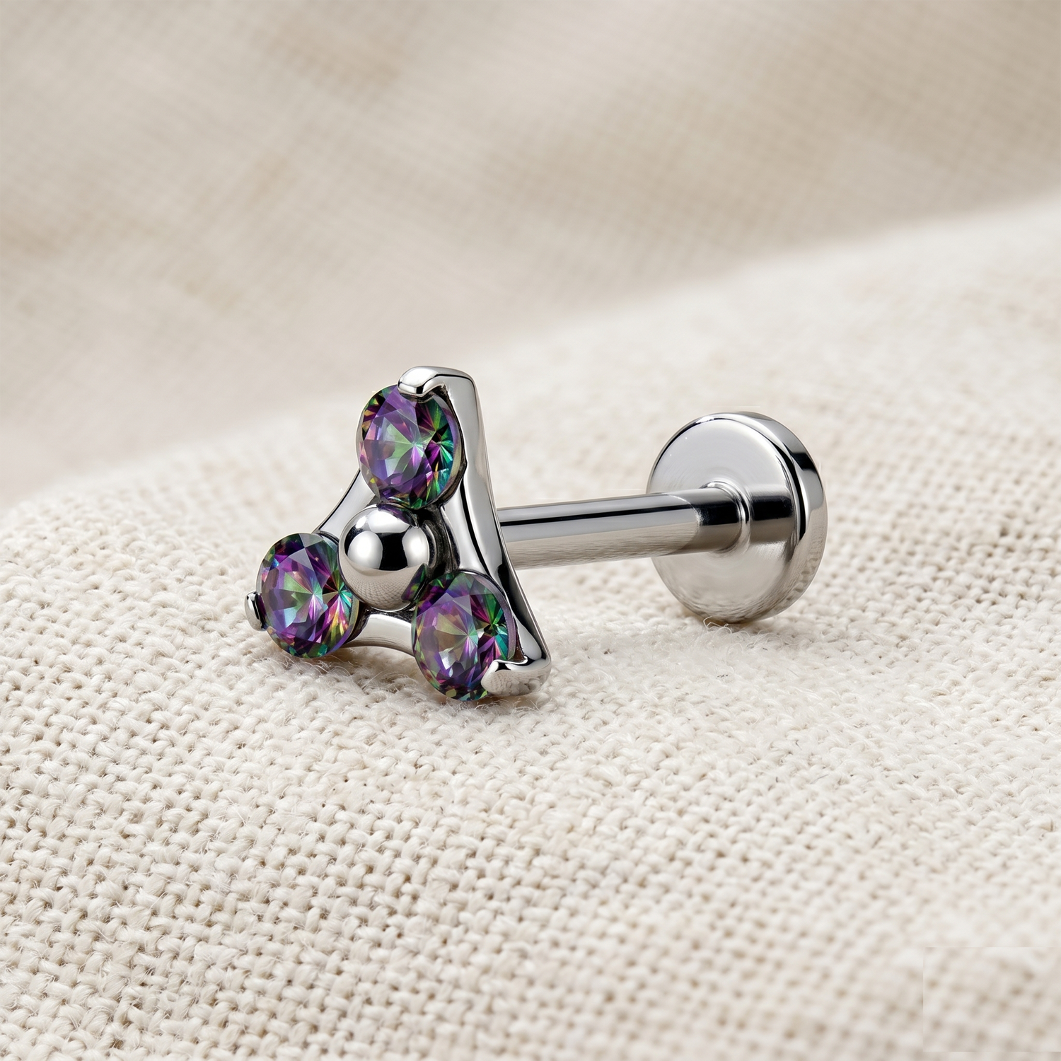Titanium threadless labret with triangle VM CZ for cartilage ear piercing