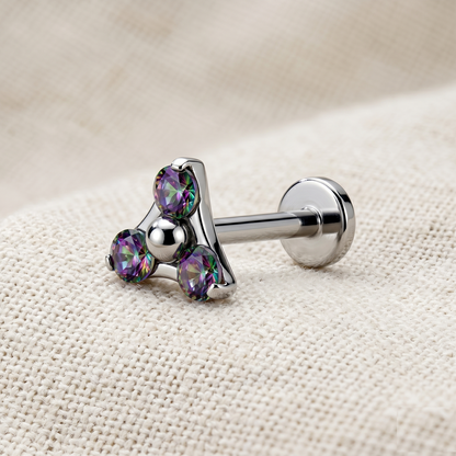 Titanium threadless labret with triangle VM CZ for cartilage ear piercing