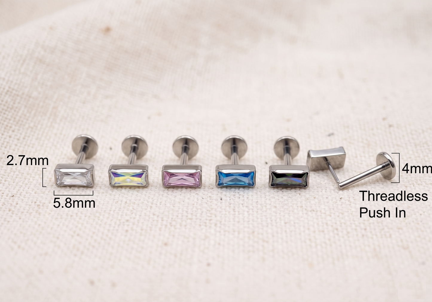 Titanium Rectangular CZ Threadless Stud