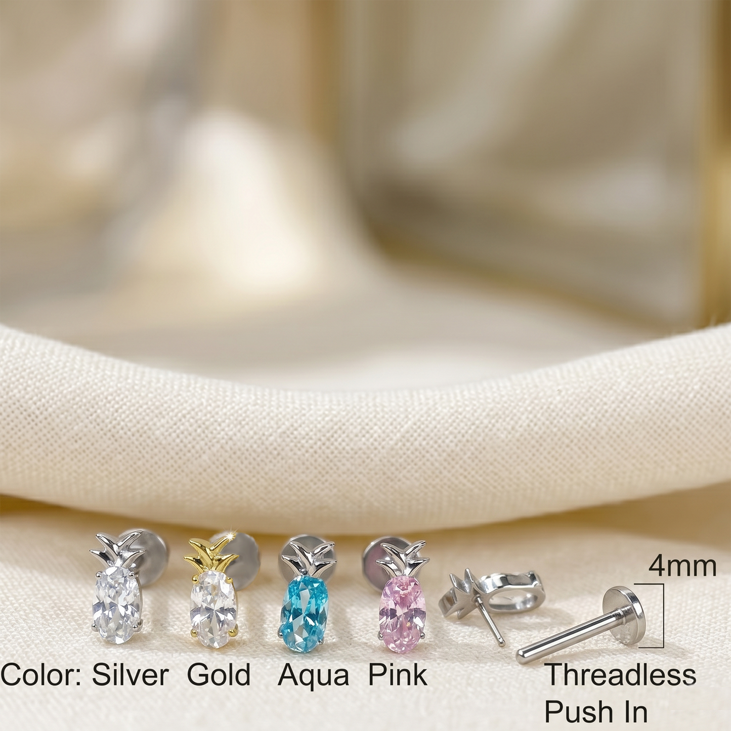 Titanium Pineapple CZ Top Threadless Stud