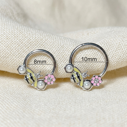 Surgical Steel Bee and Flower Hinged Hoop 16G