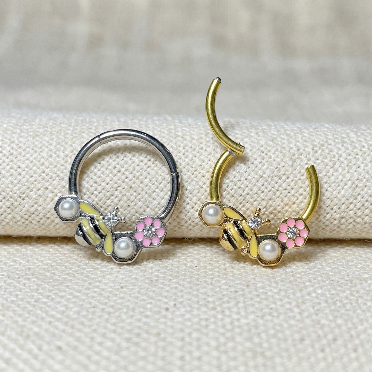 Surgical Steel Bee and Flower Hinged Hoop 16G