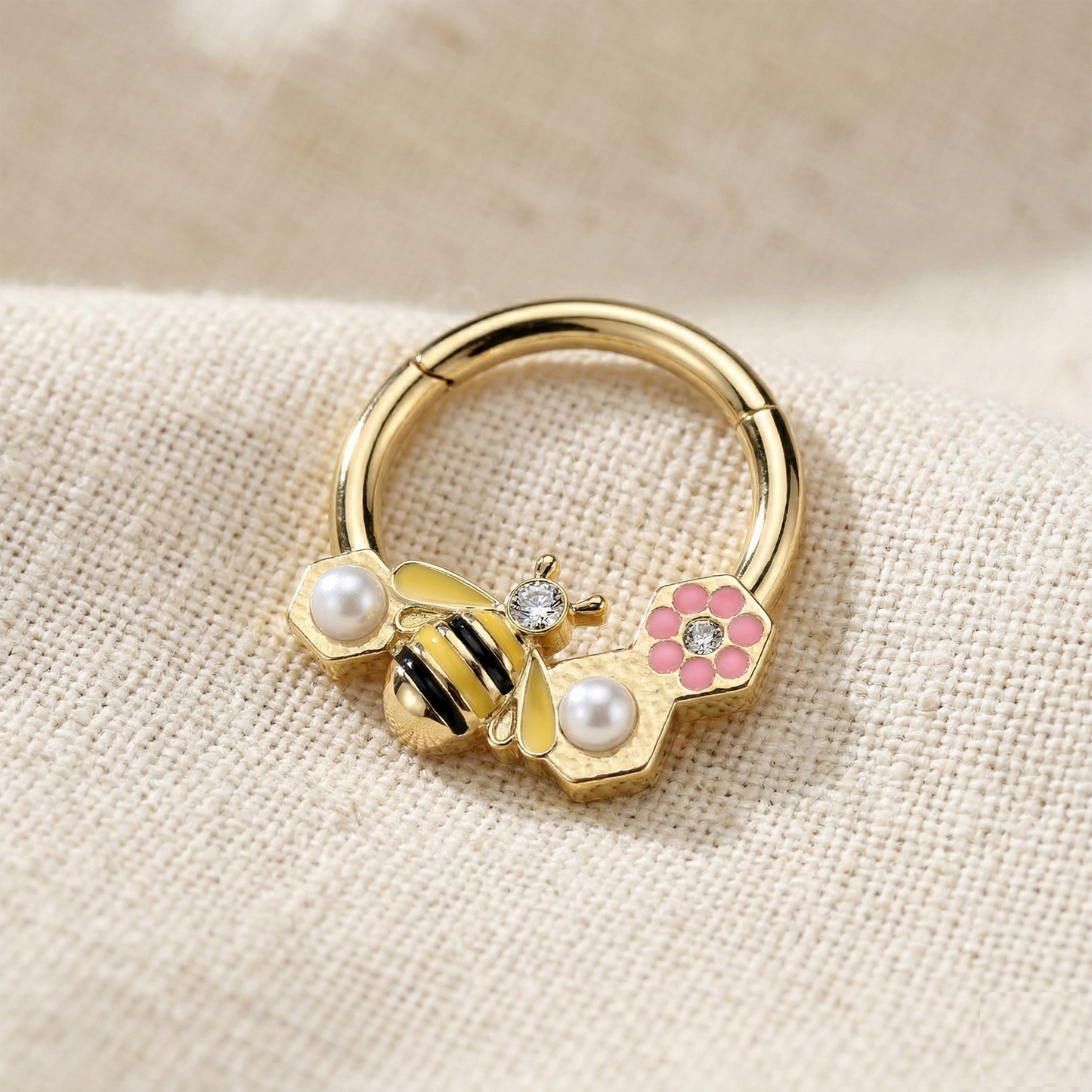 Surgical Steel Bee and Flower Hinged Hoop 16G