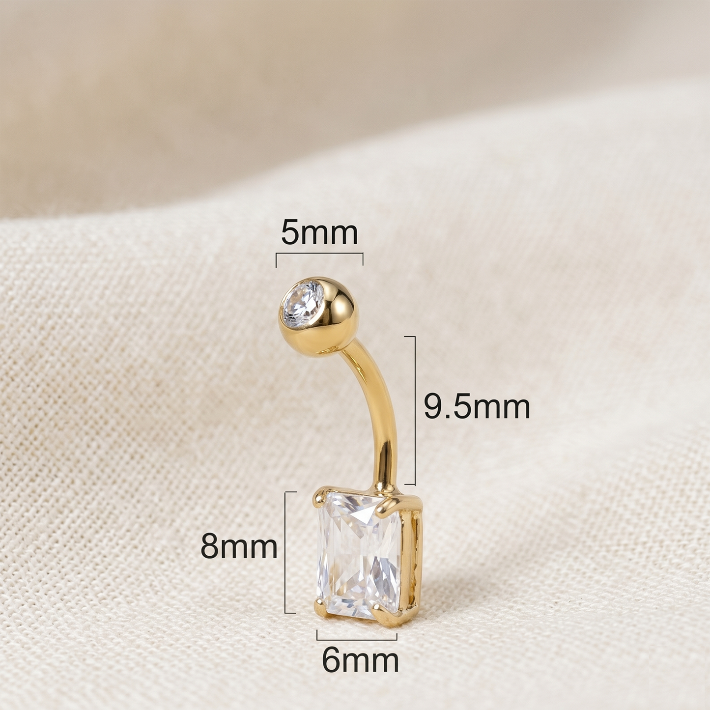 Titanium Rectangle CZ Prong Set Belly Button Ring 14G