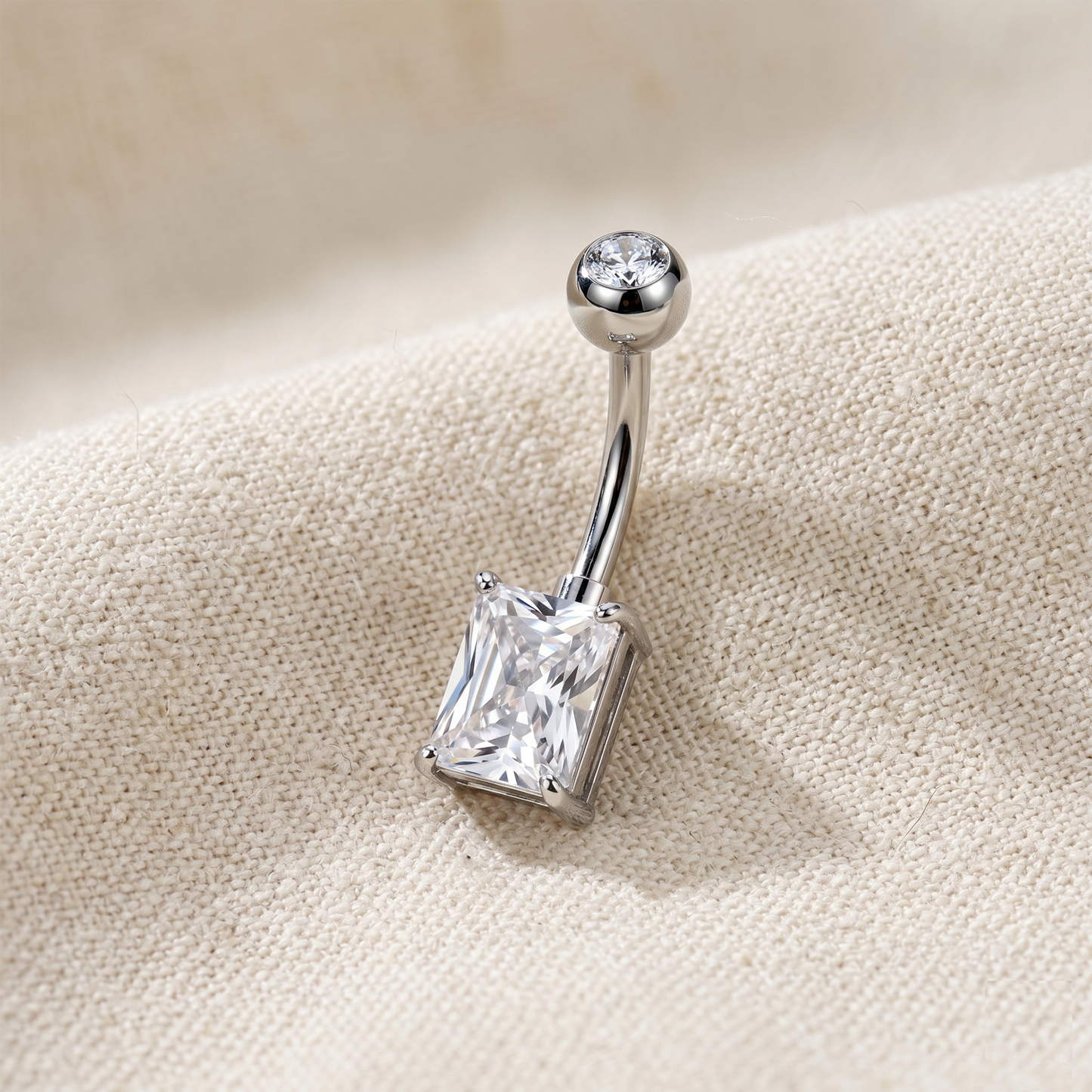 Titanium Rectangle CZ Prong Set Belly Button Ring 14G