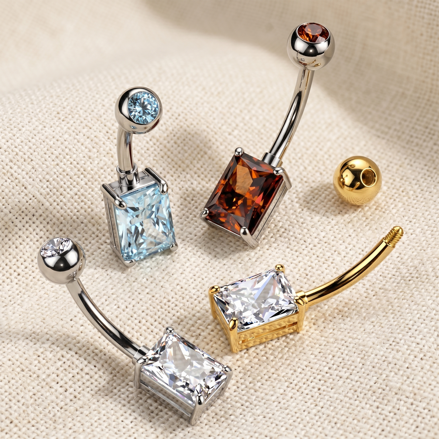 Titanium Rectangle CZ Prong Set Belly Button Ring 14G