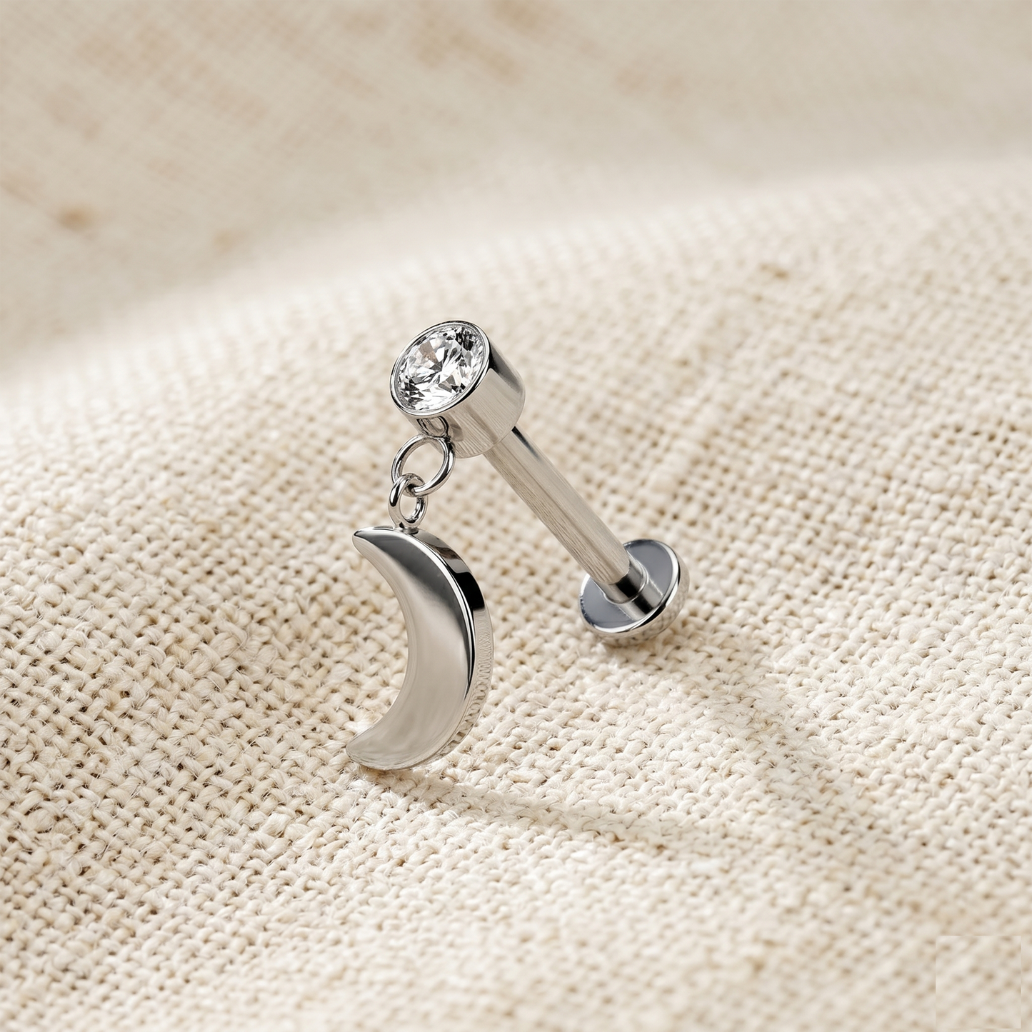 Titanium Crescent Moon CZ Dangle Threaded Stud 16G