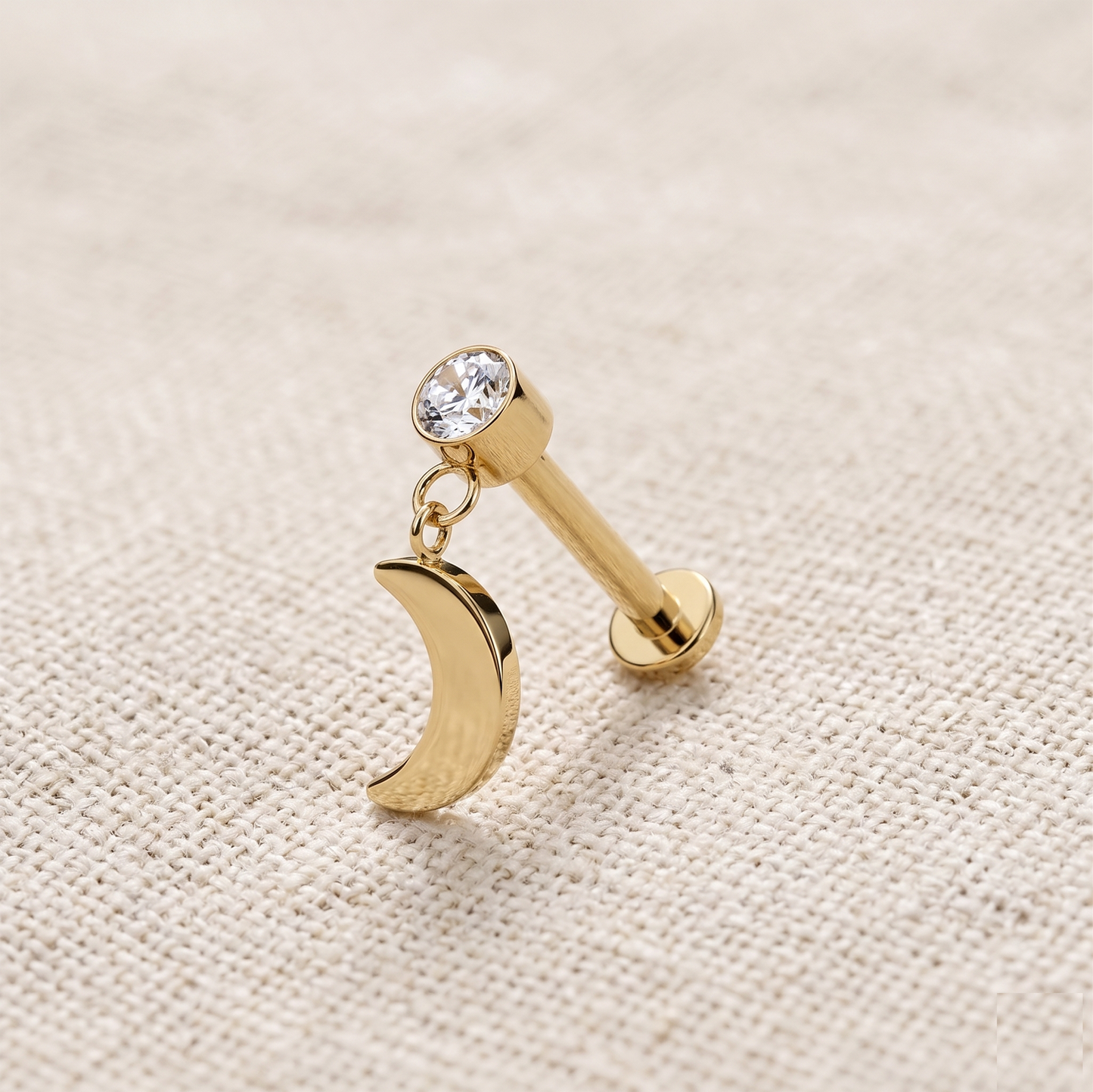 Titanium Crescent Moon CZ Dangle Threaded Stud 16G