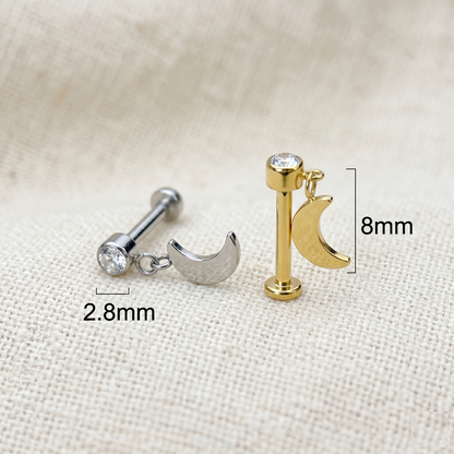 Titanium Crescent Moon CZ Dangle Threaded Stud 16G