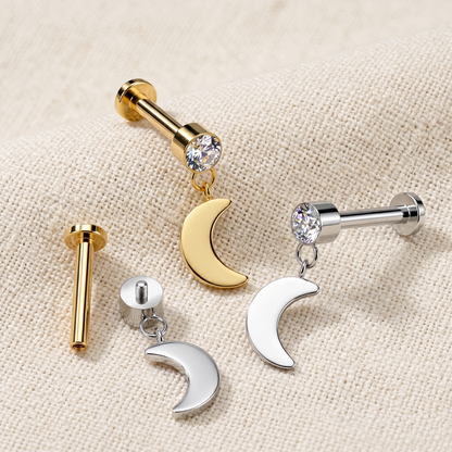 Titanium Crescent Moon CZ Dangle Threaded Stud 16G