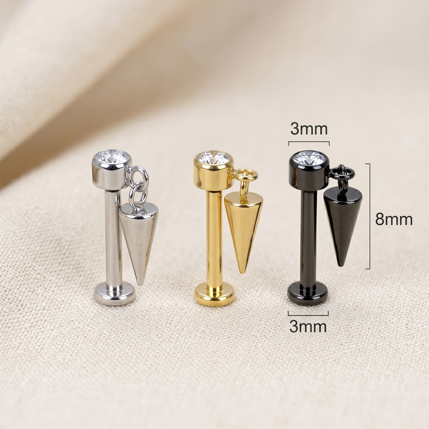 Titanium CZ Dangle Cone Threaded Stud 16G