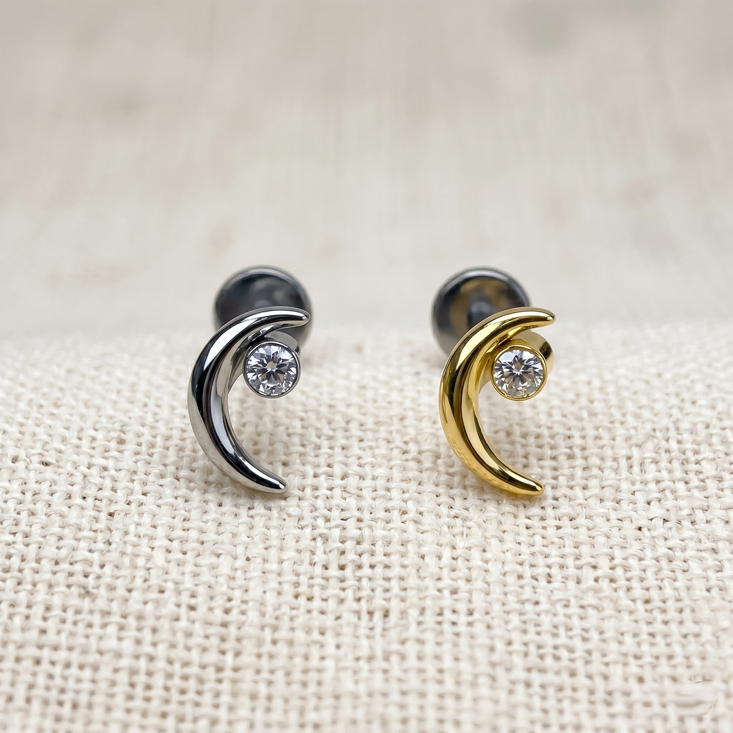 Titanium Crescent Moon CZ Threadless Stud