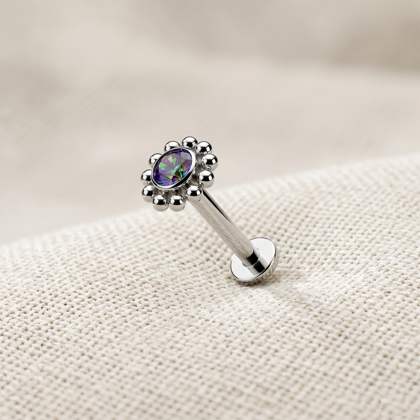 Titanium Beaded Ball CZ Threaded Flat Back Stud 16G