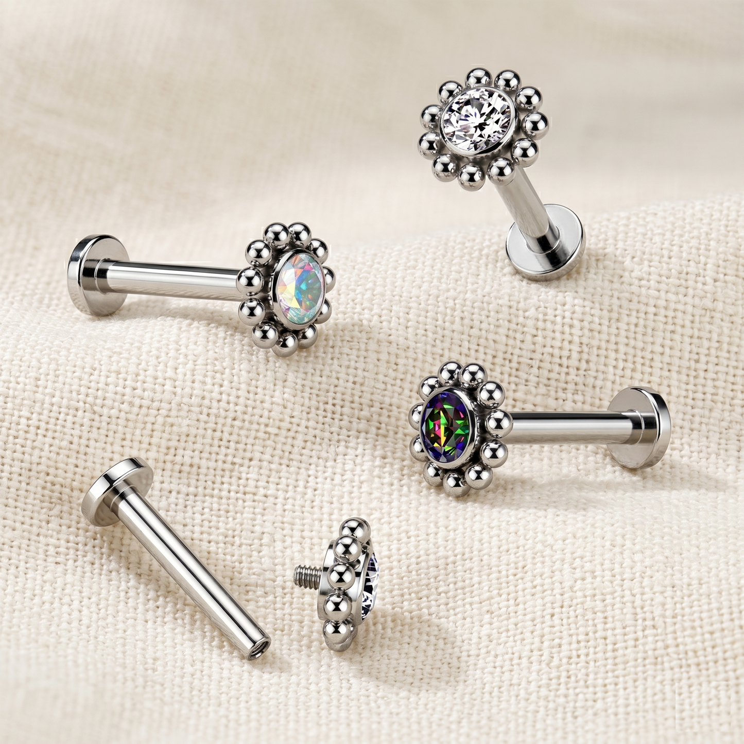 Titanium Beaded Ball CZ Threaded Flat Back Stud 16G