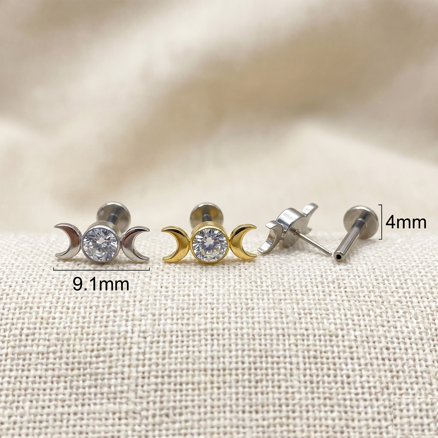 Titanium Crescent Moon CZ Threadless Stud