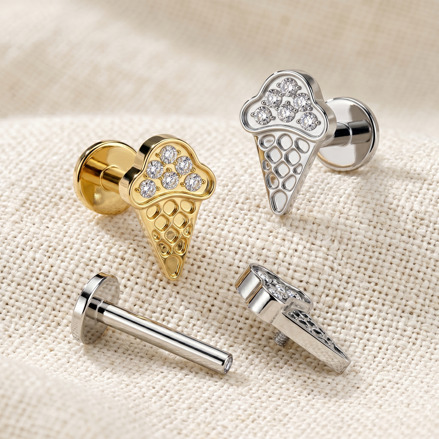 Titanium Ice Cream Cone CZ Threaded Stud 16G