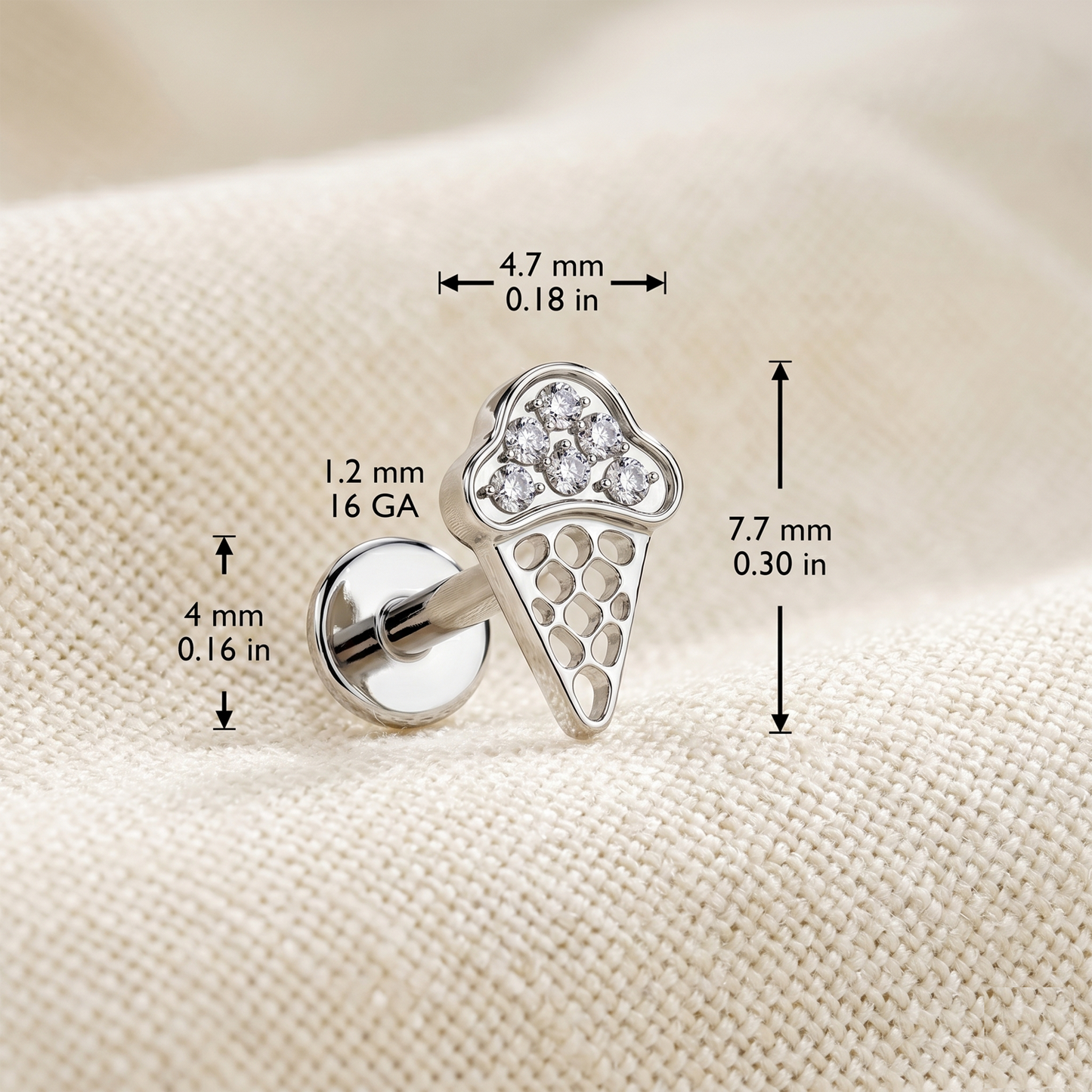 Titanium Ice Cream Cone CZ Threaded Stud 16G
