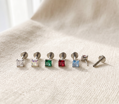 Titanium Square Aqua CZ Threadless Stud