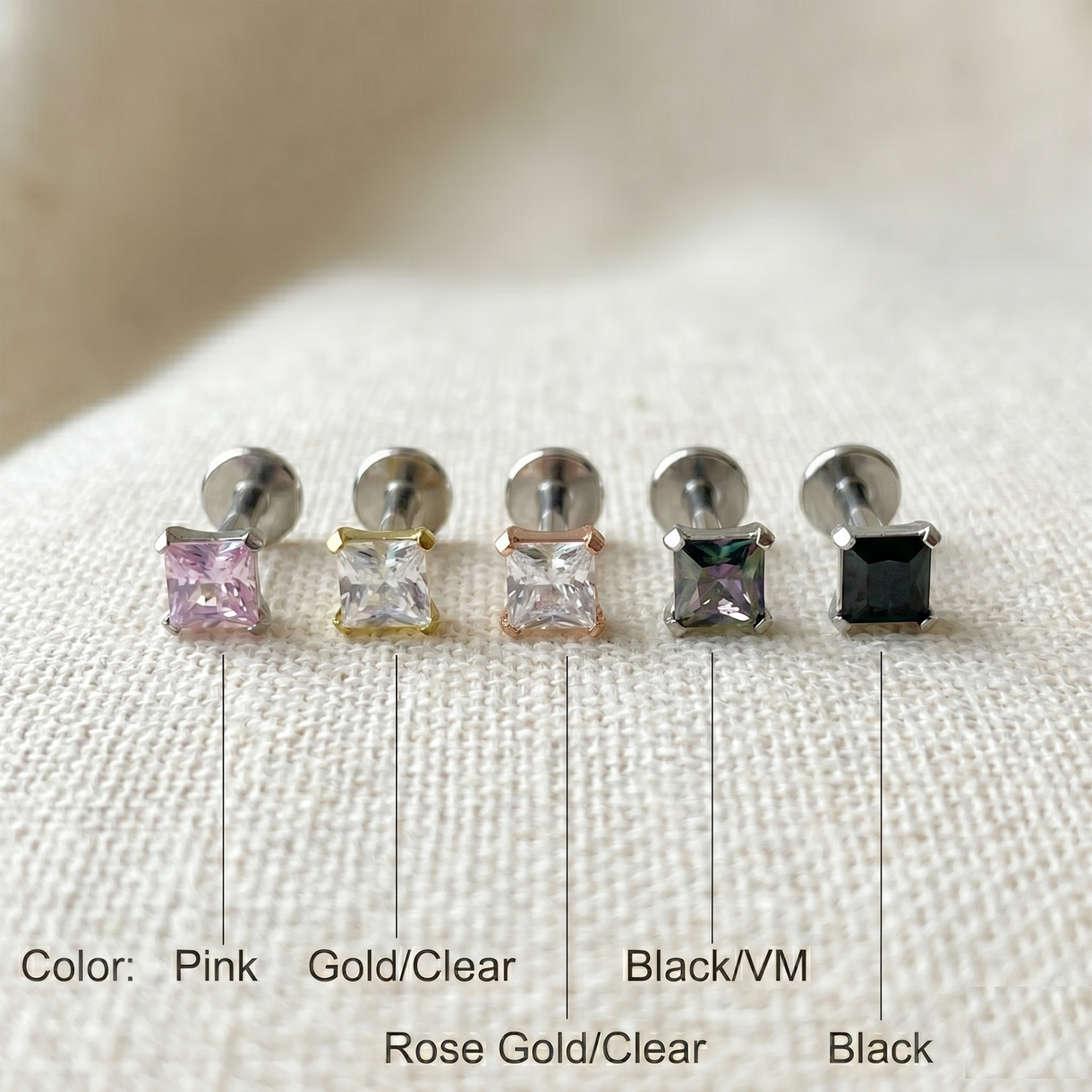 Titanium Square Clear CZ Threadless Stud